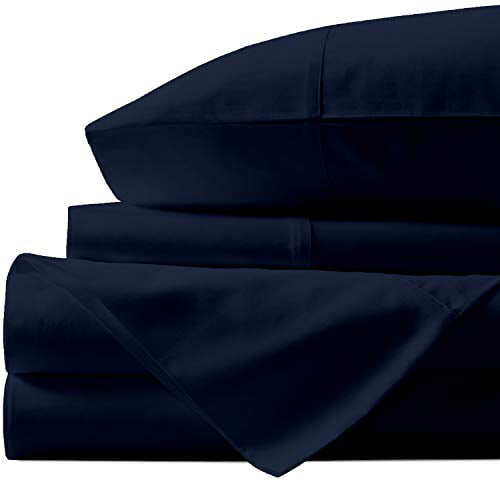 1000 Thread Count Sateen Weave 16 Inch Elasticized Deep Pocket Natural Egyptian Cotton Sheets Queen-Size Hotel Style 4 Piece Navy Blue Bed Set Long Staple Cotton Breathable Sheets 